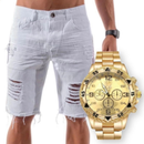 bermuda jeans masculina rasgada branca ano novo + relógio masculino original dourado e prata