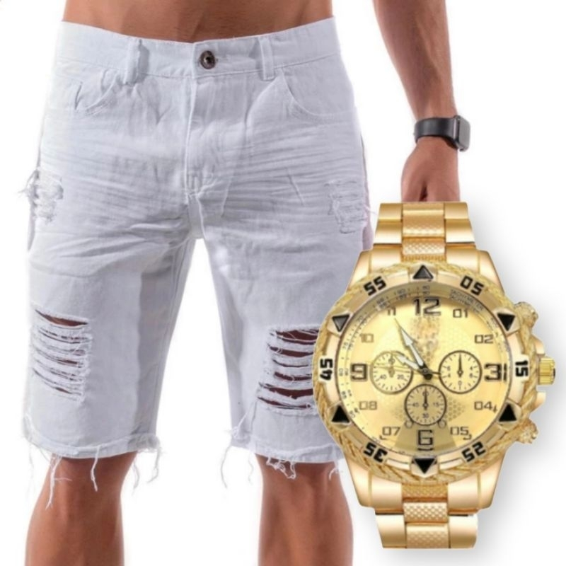 bermuda jeans masculina rasgada branca ano novo + relógio masculino original dourado e prata