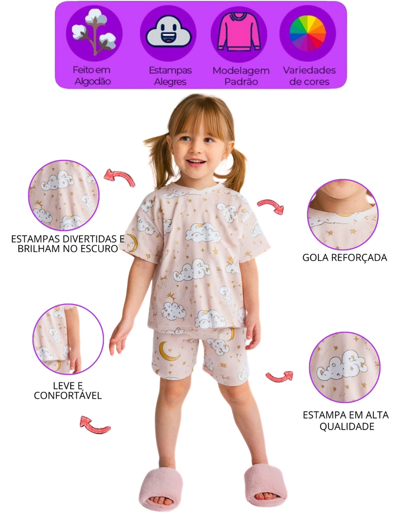 Kit 10 Peças Pijama Brilha no Escuro Infantil Menina Verão - Roupa Infantil Feminina