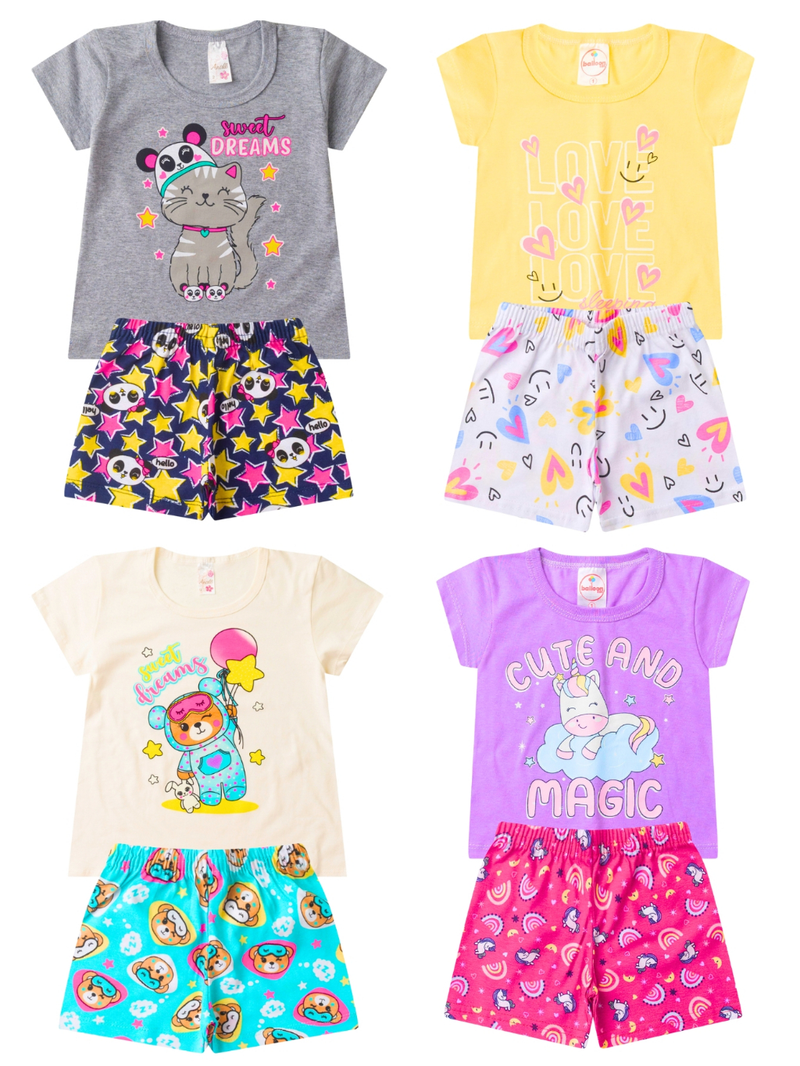 Kit 10 Peças Pijama Brilha no Escuro Infantil Menina Verão - Roupa Infantil Feminina