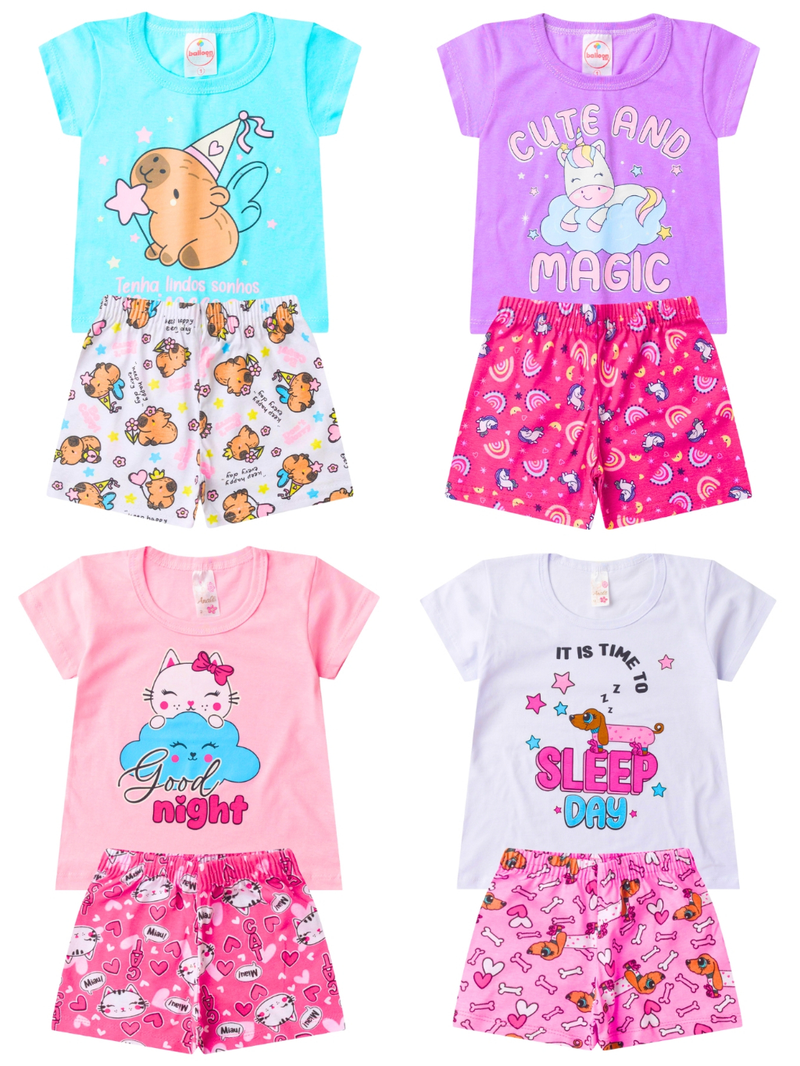 Kit 10 Peças Pijama Brilha no Escuro Infantil Menina Verão - Roupa Infantil Feminina