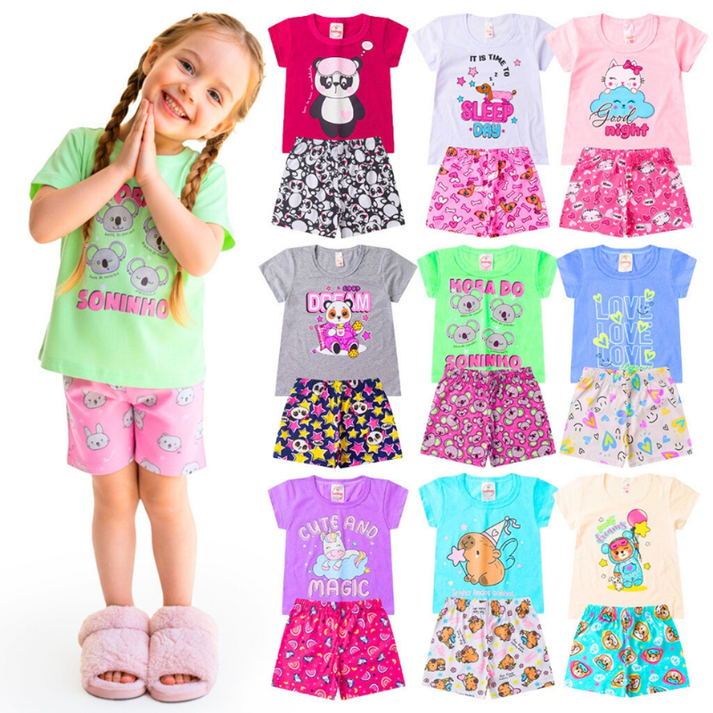 Kit 10 Peças Pijama Brilha no Escuro Infantil Menina Verão - Roupa Infantil Feminina