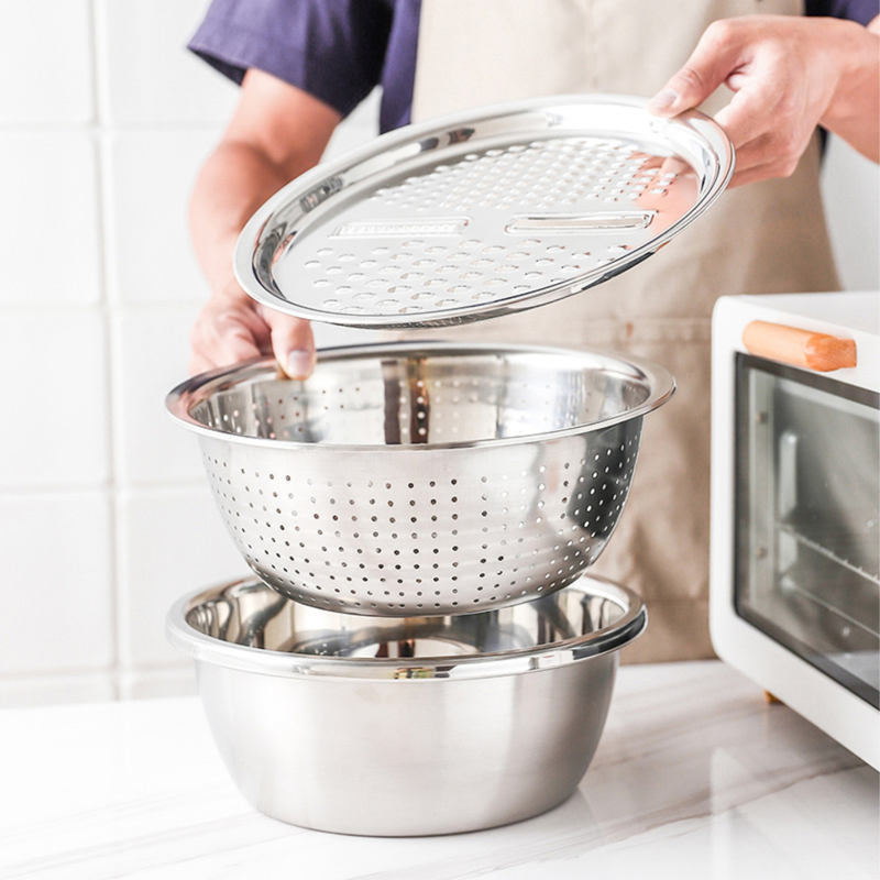 KIT 4 em 1 Ralador Fatiador Escorredor Tigela Bacia Bowl INOX Multiuso Cozinha Legumes Verduras