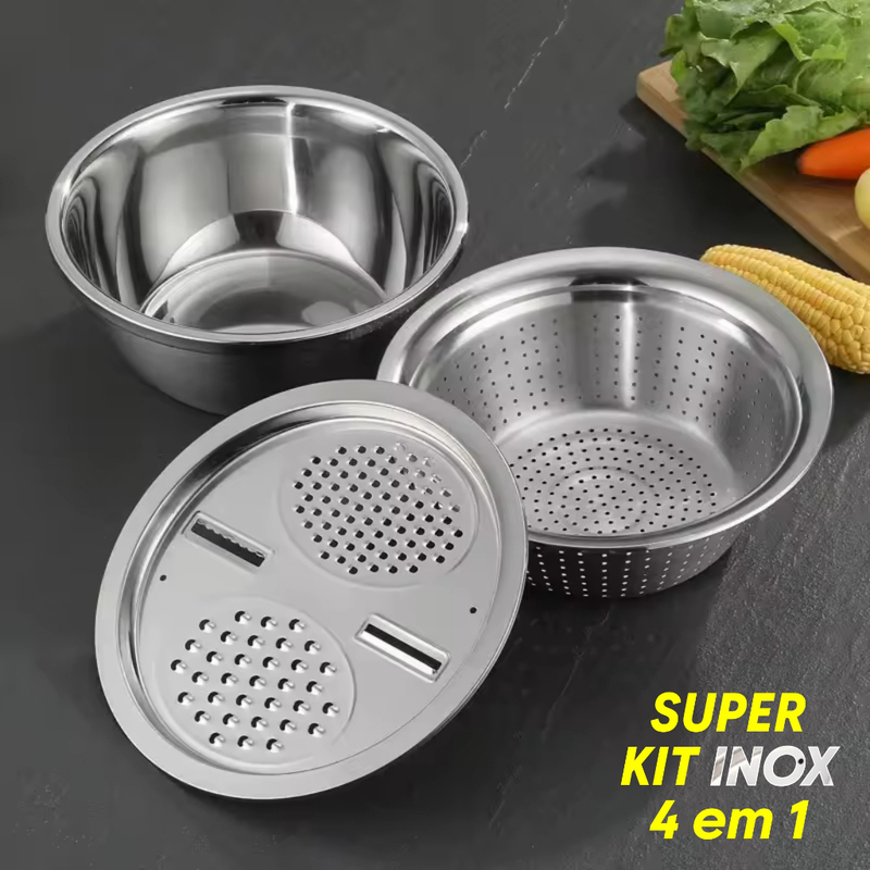 KIT 4 em 1 Ralador Fatiador Escorredor Tigela Bacia Bowl INOX Multiuso Cozinha Legumes Verduras