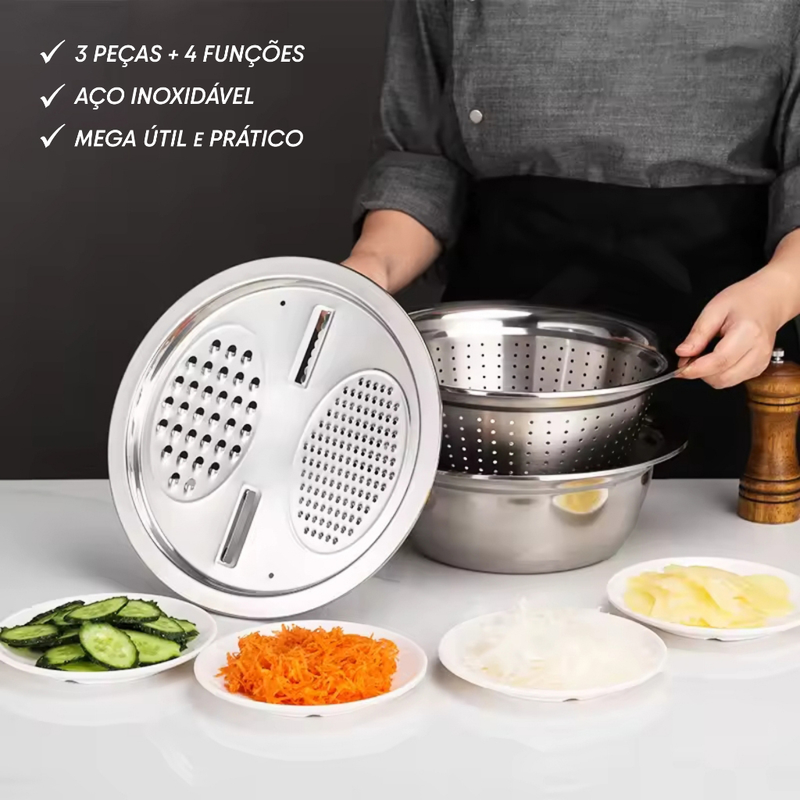 KIT 4 em 1 Ralador Fatiador Escorredor Tigela Bacia Bowl INOX Multiuso Cozinha Legumes Verduras