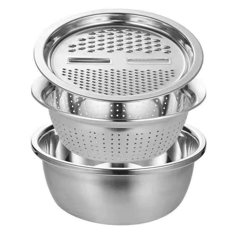 KIT 4 em 1 Ralador Fatiador Escorredor Tigela Bacia Bowl INOX Multiuso Cozinha Legumes Verduras