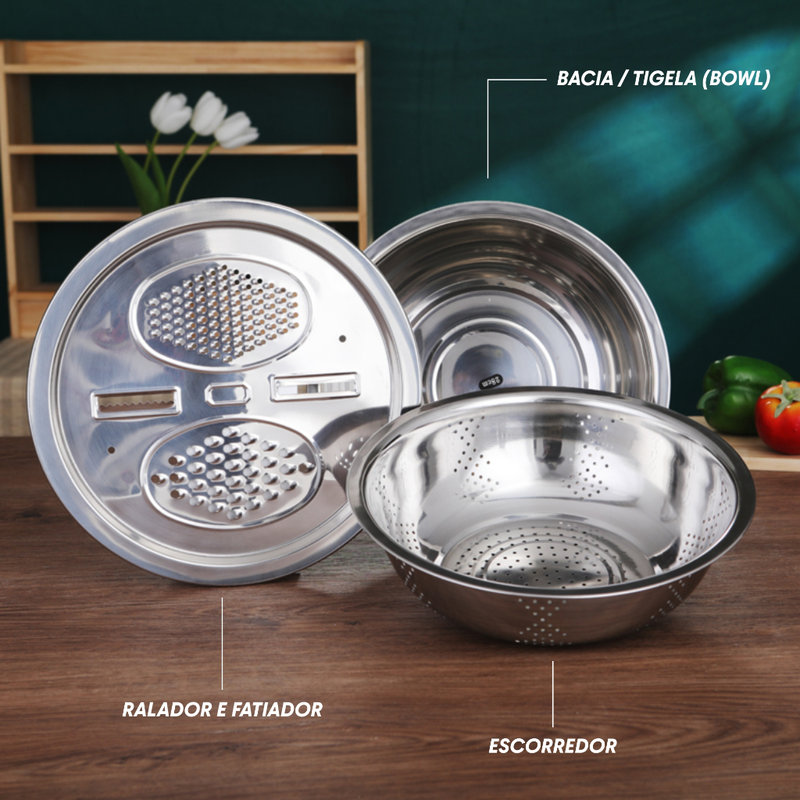 KIT 4 em 1 Ralador Fatiador Escorredor Tigela Bacia Bowl INOX Multiuso Cozinha Legumes Verduras