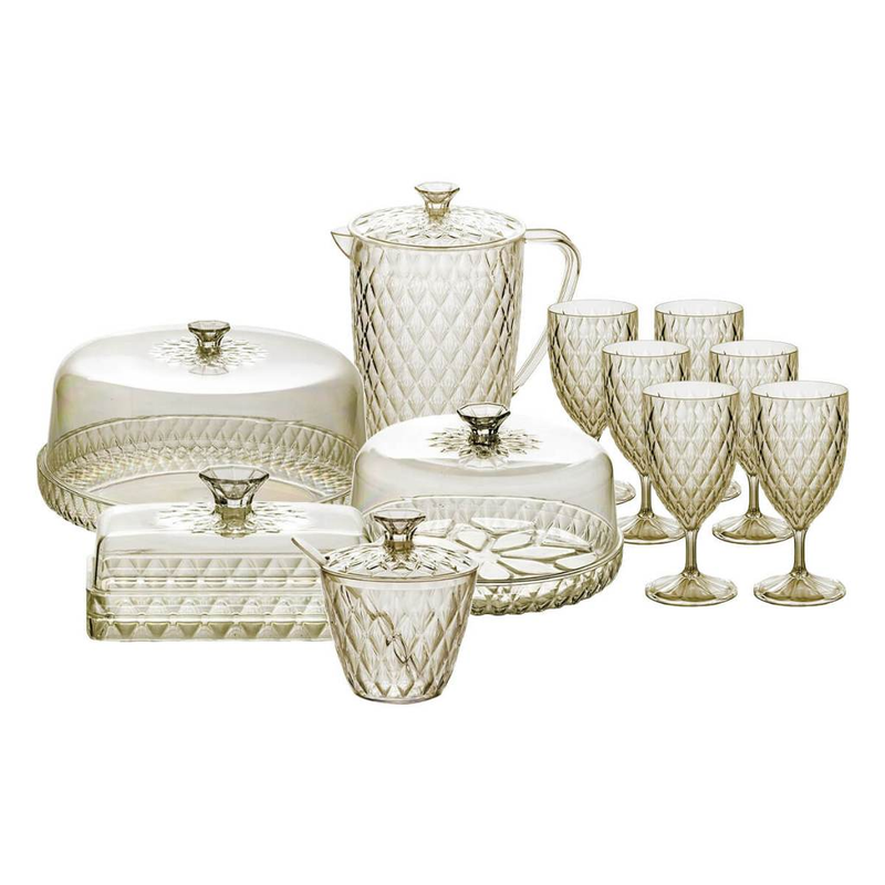 Kit Cozinha Mesa Posta Glamour Café da Manhã/Tarde Jarra Queijeira Manteigueira Açucareiro e Boleira