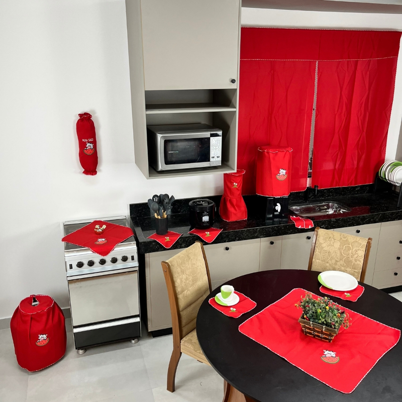 Kit Jogo de Cozinha 13 Peças Completo Com Cortina e Toalha de Mesa