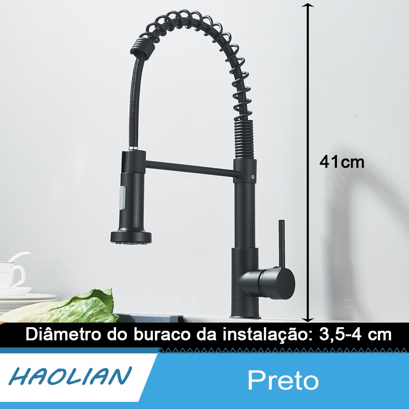 Torneira Gourmet Cozinha Monocomando Premium Preto Móvel Misturador Mono Comando com Spray Articulado