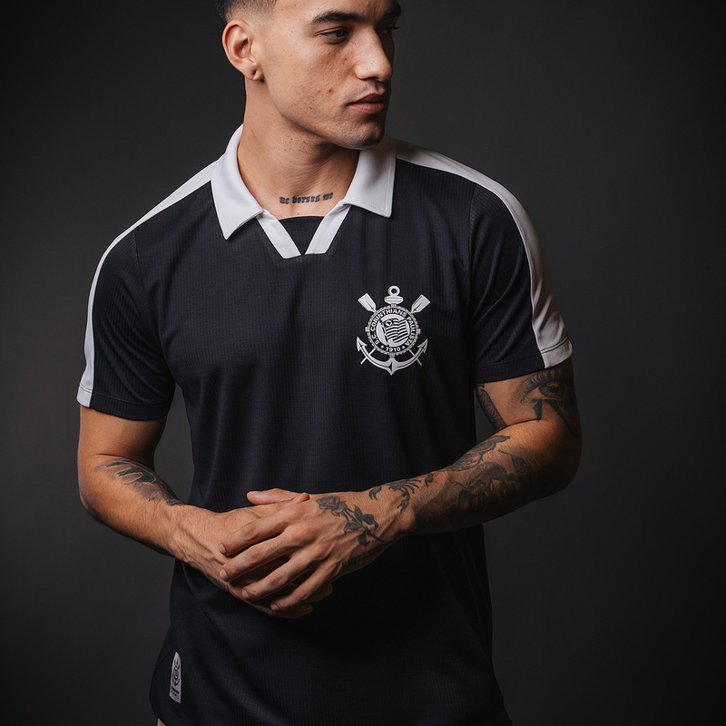 Camisa Polo Corinthians Preta Casual Masculina Oficial