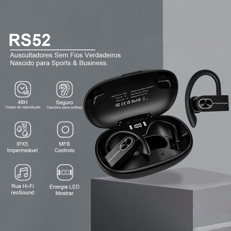 H'maston RS-52 Bluetooth 5.3 Fone De Ouvido Sem Fio Esportivo De Longa Espera Com Luz Led Para