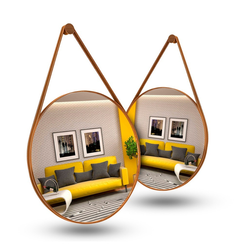 Espelho Adnet Couro Costurado Com Alça + Suporte 60cm 50cm 40cm 30cm Sala Quarto Banheiro Redondo