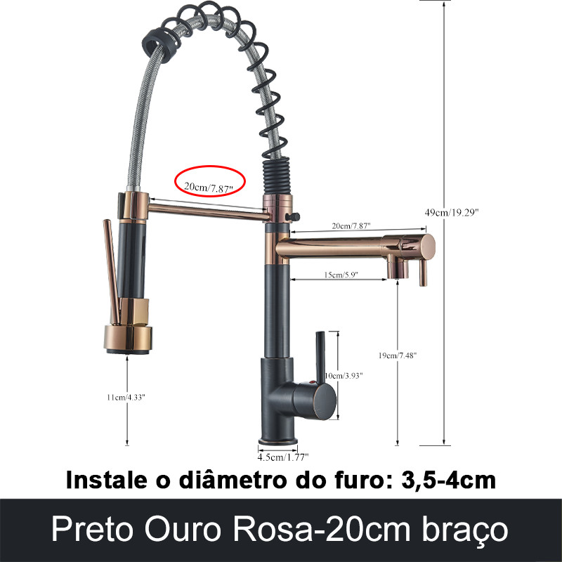 Torneira Gourmet Cozinha Monocomando Premium Preto Móvel Misturador Mono Comando com Spray Articulado