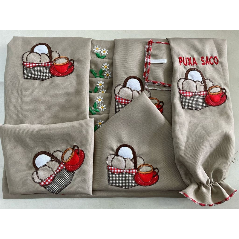 Kit Jogo de Cozinha 13 Peças Completo Com Cortina e Toalha de Mesa