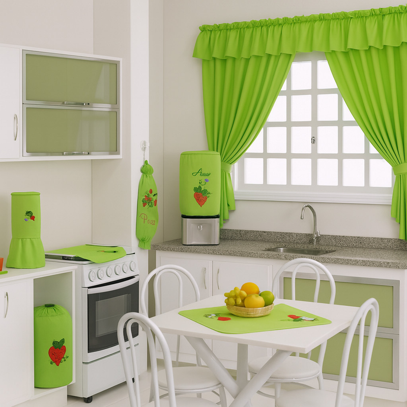 Kit Jogo de Cozinha 13 Peças Completo Com Cortina e Toalha de Mesa