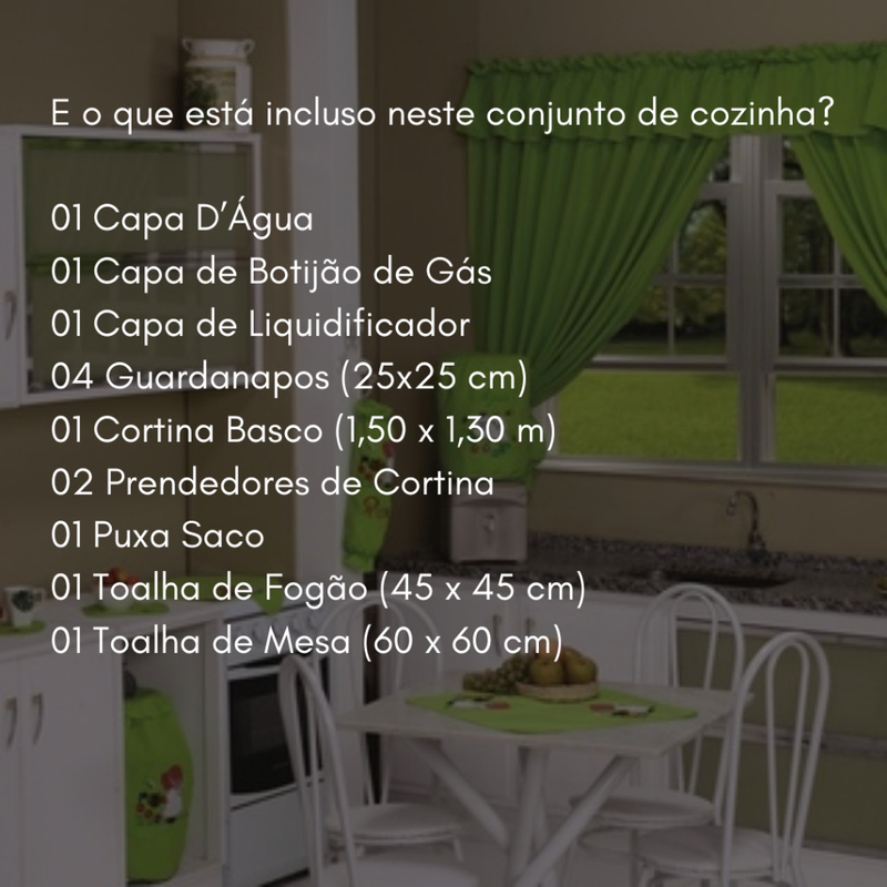 Kit Jogo de Cozinha 13 Peças Completo Com Cortina e Toalha de Mesa